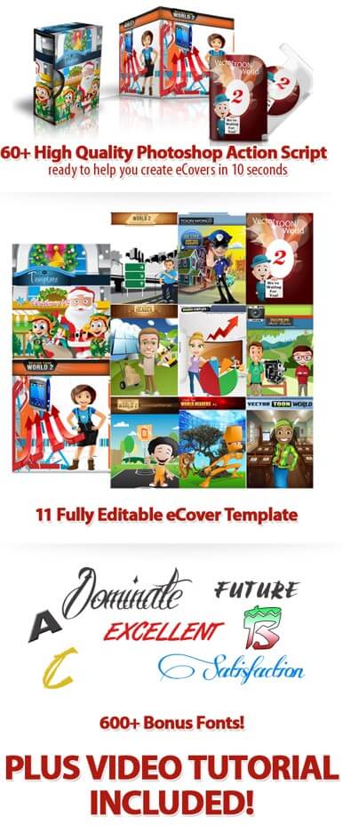 Vector Graphic - 60+ HQ Photoshop Cartoon People Action Script, 11 Fully Editable eCover Template and 600+ Bonus Fonts